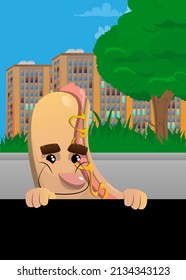 Perro caliente con el signo negro vacío. La comida rápida estadounidense como personaje de caricatura con cara.