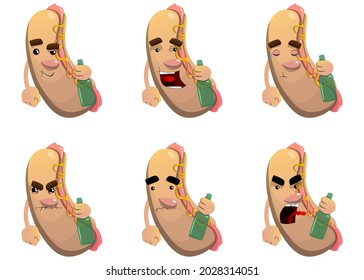 Hot Dog holding a bottle. American fast food as a cartoon character with face.