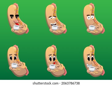 Hot Dog holding a cup of coffee. American fast food as a cartoon character with face.