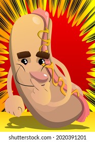 Hot Dog holding finger front of his mouth. American fast food as a cartoon character with face.