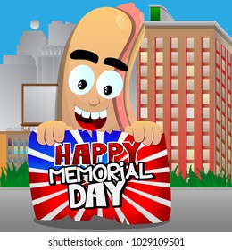 Hot Dog holding a Happy Memorial Day banner. Cartoon style vector illustration.