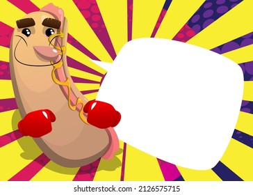 Hot Dog holding his fists in front of him ready to fight wearing boxing gloves. American fast food as a cartoon character with face.