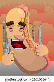 Hot Dog holding up a knife and fork. American fast food as a cartoon character with face.