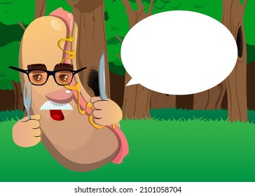 Hot Dog holding up a knife and fork. American fast food as a cartoon character with face.