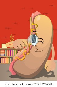 Hot Dog holding a magnifying glass. American fast food as a cartoon character with face.