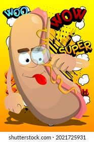 Hot Dog holding a magnifying glass. American fast food as a cartoon character with face.