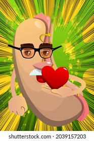 Hot Dog holding red heart in his hand. American fast food as a cartoon character with face.