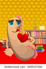 Hot Dog holding red heart in his hand. American fast food as a cartoon character with face.