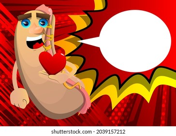 Hot Dog holding red heart in his hand. American fast food as a cartoon character with face.