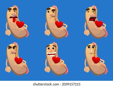 Hot Dog holding red heart in his hand. American fast food as a cartoon character with face.