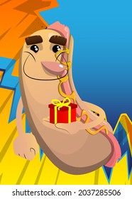 Hot Dog holding small gift box. American fast food as a cartoon character with face.