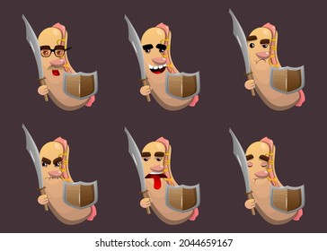 Hot Dog holding a sword and shield. American fast food as a cartoon character with face.