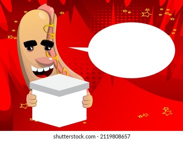 Hot Dog holding white box. American fast food as a cartoon character with face.