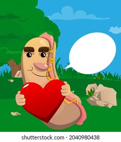 Hot Dog hugging big red heart. American fast food as a cartoon character with face.