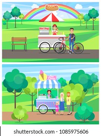 Hot dog ice cream street carts green park. Fast food and summer dessert in mobile shops. People buy tasty snacks outdoors vector illustrations