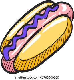 Hot dog icon in color drawing. Fast food junk American carbohydrate eating