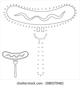 Hot Dog Icon Dot To Dot, Fast Food Icon, Grilled, Steamed Sausage In Sliced Bun Vector Art Illustration