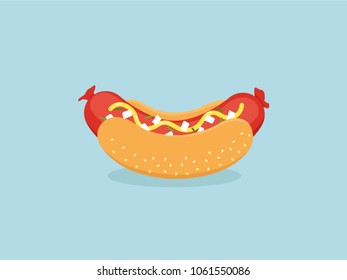 Hot dog, hot dog icon, fast food, fast food vector, ketchup, sausage, bun. Flat design, vector illustration, vector. Hotdog. 