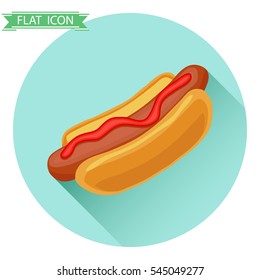 Hot dog, hot dog icon, fast food, fast food vector, ketchup, sausage, bun. Flat design, vector illustration, vector.