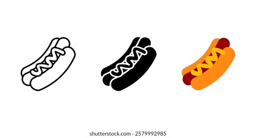 Hot dog icon. Grilled sausage with mustard in a bun sign. Tasty fast food symbol. Classic street food snack pictogram. Takeaway meal illustration.