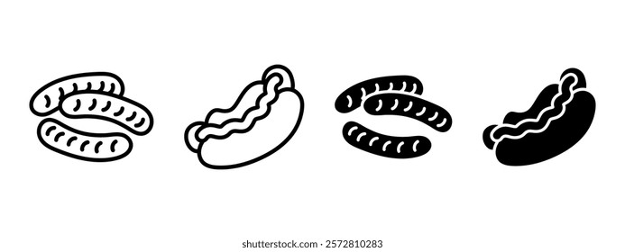 Hot dog icon. Grilled sausages vector illustration. Fried sausage symbol. American wiener with bun and mustard sauce. Meal sandwich pictogram. Couple of sausages concept outline, line, black isolated.