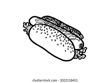 Hot dog icon. Hotdog with sausage and mustard outline sketch. Fast food concept. Vector illustration.