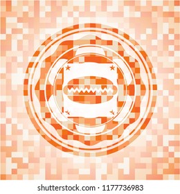 hot dog icon inside abstract emblem, orange mosaic background