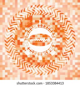 hot dog icon inside abstract orange mosaic emblem with background. 
