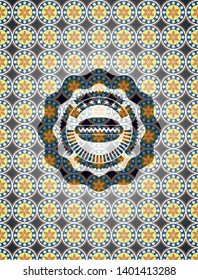 hot dog icon inside arabesque badge. arabic decoration.