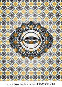 hot dog icon inside arabic emblem. Arabesque decoration.