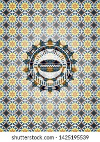 hot dog icon inside arabic badge. Arabesque decoration.