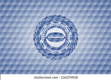 hot dog icon inside blue emblem or badge with geometric pattern background.