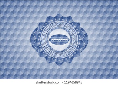 hot dog icon inside blue emblem or badge with abstract geometric polygonal pattern background.