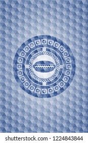 hot dog icon inside blue badge with geometric background.