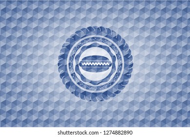 hot dog icon inside blue emblem with geometric background.
