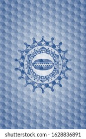 hot dog icon inside blue badge with geometric pattern.