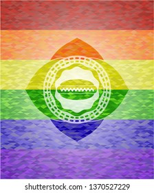 hot dog icon inside emblem on mosaic background with the colors of the LGBT flag