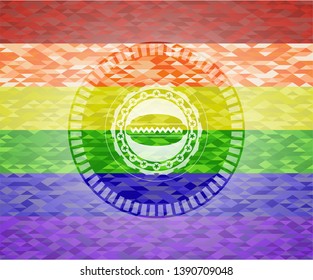 hot dog icon inside emblem on mosaic background with the colors of the LGBT flag