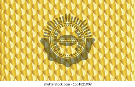 hot dog icon inside gold badge. Scales pattern. Vector Illustration. Detailed.