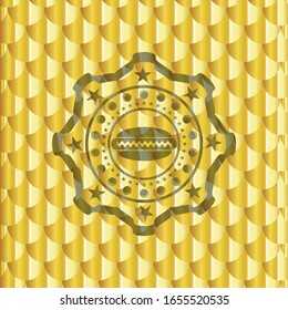 hot dog icon inside golden emblem. Scales pattern. Vector Illustration. Detailed.
