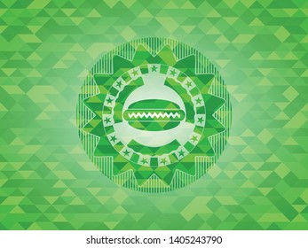 hot dog icon inside green emblem. Mosaic background