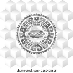 hot dog icon inside grey emblem with geometric cube white background