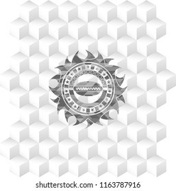 hot dog icon inside grey emblem with geometric cube white background