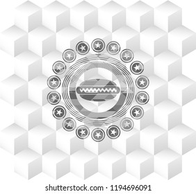 hot dog icon inside grey emblem. Vintage with geometric cube white background