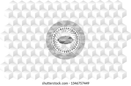 hot dog icon inside grey emblem with cube white background