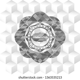 hot dog icon inside grey emblem with geometric cube white background