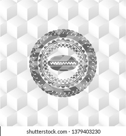 hot dog icon inside grey badge with geometric cube white background