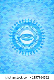 hot dog icon inside light blue emblem with triangle mosaic background