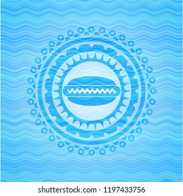 hot dog icon inside light blue water badge background.