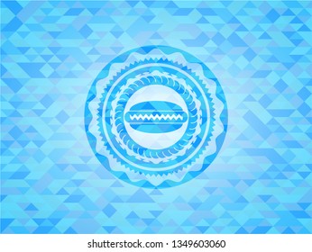 hot dog icon inside light blue emblem. Mosaic background
